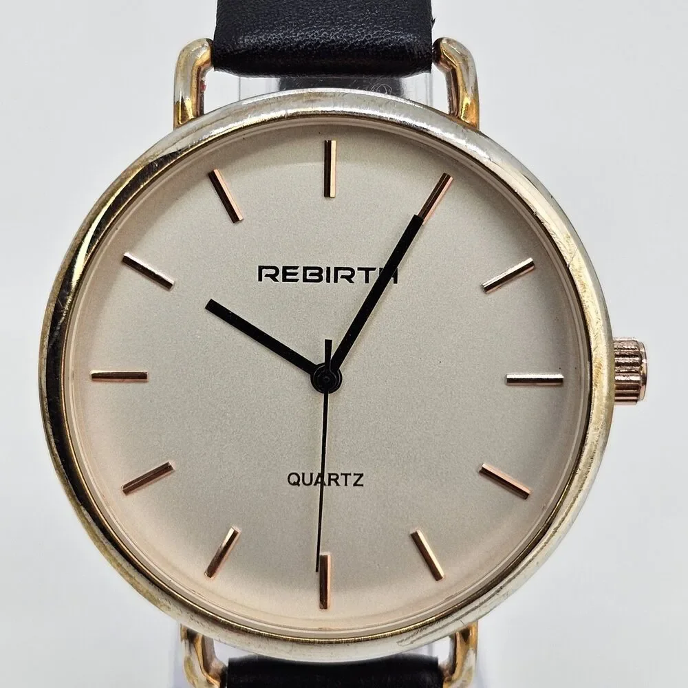 Rebirth Women's‎ Watch 41MM Gold Dial Black Leather Bands New Battery